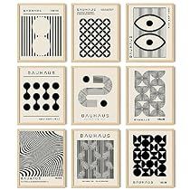 nine black and white art prints with geometric designs on them, all in different sizes