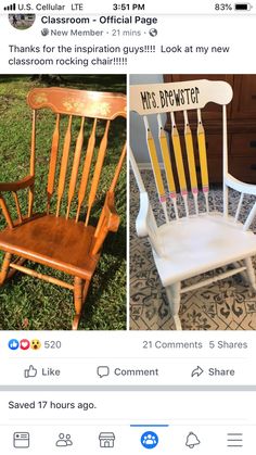 an old rocking chair has been painted yellow and white with the name mrs brownstone on it