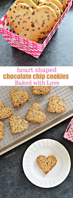 heart shaped chocolate chip cookies baked with love on a cooling rack and plate next to it