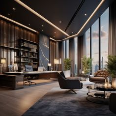 a living room filled with lots of furniture and tall windows overlooking the cityscape