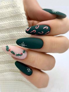 "Celebrate the magic of the season with festive Christmas fall nails! 🎄🍂 Perfect blend of holiday spirit and autumn vibes. #ChristmasFallNails #SeasonalStyle" Christmas Nail Ideas Green, Christmas Almond Shaped Nails, Almond Shape Christmas Nails, Christmas Nails Matte, Christmas Nail Designs Green, Holiday Nails Almond Shape, Green Nails Matte, Christmas Nails Almond Shape, Olive Green Nails Designs