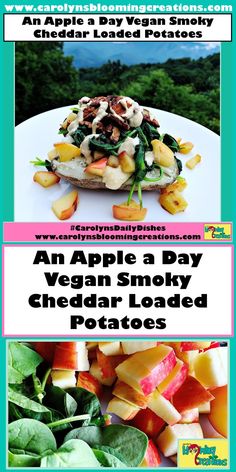 an apple a day vegan smoky cheddar loaded potatoes with text overlay