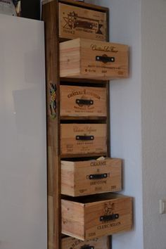 several wooden boxes stacked on top of each other