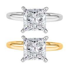 two gold and white engagement rings with a princess cut diamond