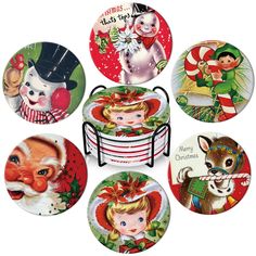 six christmas plates with santa claus, elf, and snowman on them in various designs