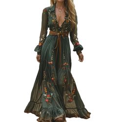 PRICES MAY VARY. 100% polyester Hand wash/machine wash, no bleaching/exposure to the sun S, M, L, XL, XXL five sizes Relaxed fit, western cowgirl dress, floral print pattern, pleated ruffle hem, french vintage pastoral style This maxi dress is perfect for any occasion! New women's casual long dress, casual loose fit, elegant and fashionable, more comfortable to wear!  Name: women dresses Material: polyester Style: fashion, casual,  Thickness: regular Season: four seasons  Product packaging: 1 x Look Boho Chic, Estilo Hippie, New Retro, Maxi Styles, Wardrobe Ideas, Festival Looks, Long Sleeve Maxi, Linen Women, Party Dresses For Women