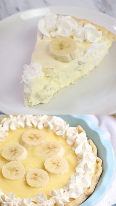 there is a pie with bananas on top and another pie with whipped cream on the bottom