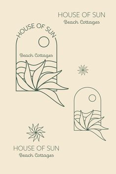 Logo variations for House of Sun - beach cottages Villa Logo Design, Beach Resort Logo, Beach House Logo, Boho Moodboard, Beach Logos, Island Branding, Resort Logo Design, Resort Branding, Coin Machine