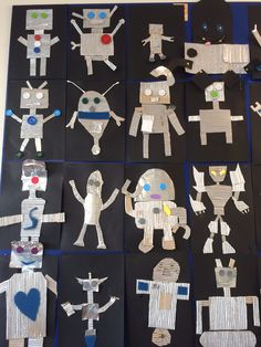 a collage of robot cut outs on black paper