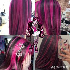 Cute Hair Dye Inspiration, Pink And Black Streaks Hair, Mexican Dyed Hair, Brown Hair With Chunky Red Highlights, Pretty Hair Dye Colors, Pink Hair Black Streaks, Black Hair With Pink And Purple Streaks, Pink And Black Skunk Stripe Hair, Pink Chunky Highlights In Black Hair