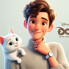 the animated character is holding a white cat