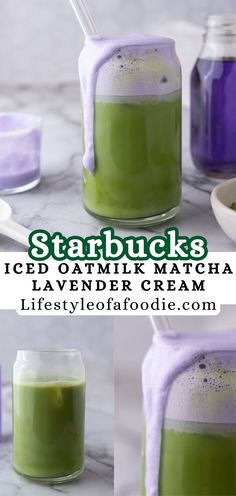 four different shots of starbuck's iced oatmeal lavender cream