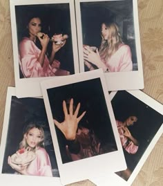 four polaroid photos of two women drinking tea and one is holding a baby in her arms