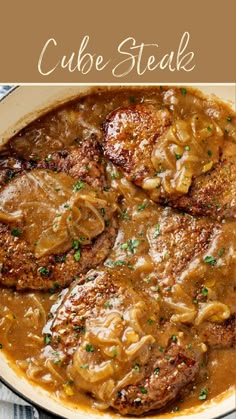 steak and gravy in a skillet with text overlay