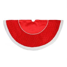 a red and white bib with an oval design on the front, hanging from a hook