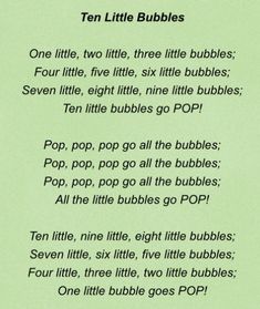 a poem written in two little bubbles on a piece of green paper with the words ten little bubblees