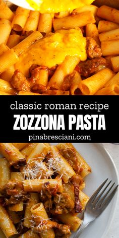 a plate full of pasta with cheese and sauce on it, next to the recipe