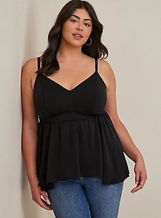 Plus Size Smocked Peplum Cami - Black, DEEP BLACK Petite Clothes, Sleeveless Peplum Top, Babydoll Blouse, Black Camis, Long Torso, Sheer Chiffon, Woven Top, Flowy Tops, Deep Black