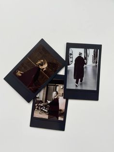 three polaroid photographs of women in black dresses and white shoes, one is holding a man's hand