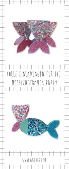 three different types of paper fish on a white background with the words, toile finnaugen fur die meringfraun party