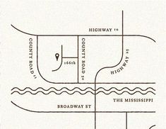 a drawing of a street map with the names of streets and directions to different locations