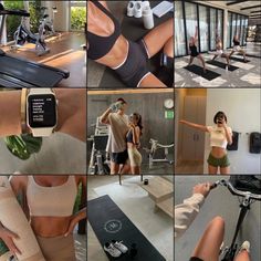 a collage of photos showing various activities and people in the gym, including an exercise bike