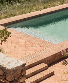 an empty swimming pool with steps leading up to it and flowers in the foreground