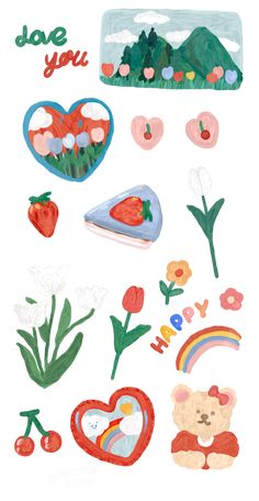 an image of valentine's day stickers with flowers, hearts, and bears