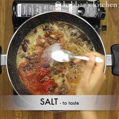 a person stirring food in a pot on top of a stove with the words salt to taste above it