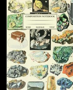 an old book with many different types of rocks and crystals on it's cover