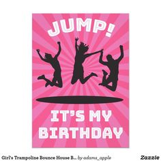 a pink birthday card with two people jumping on a surfboard and the words jump it's my birthday