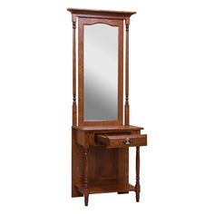 a wooden dressing table with mirror and drawers on it's sides, against a white background