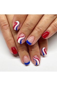 4th of July Blue French Tip Press on Nails Short Square Fake Nails Red Blue White Swirl Design False Nails Patriotic American Flag Acrylic Full Cover Glue on Nails for Women Girls Nail Decor 24Pcs Girly 4th Of July Nails, French With Color Nails, 4yh Of July Nails, Easy Patriotic Nails, Square 4th Of July Nails, Fourth Of July Nails Square, Fourth Nails, Forth Of July Nails, Nails Patriotic