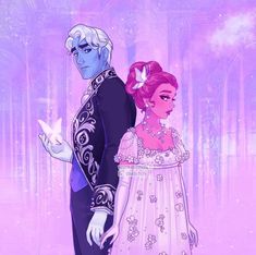 frozen princess and prince are standing next to each other in front of a purple background