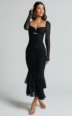 Arabella Midi Dress - Bust Detail Ruched Mesh Midi with Cut Out Detail in Black | Showpo USA Tabyana Ali, Nye Wedding Dress, Formal Dress Midi, Mini Dress With Tights, Cocktail Dresses With Sleeves, Bodycon Dress Formal, Basic Black Dress, Neon Outfits, Bachelorette Dress