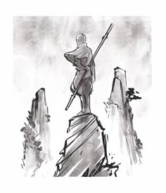 a black and white drawing of a man standing on top of a mountain holding a pole