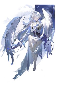 an anime character with long white hair and blue eyes is standing in front of clouds