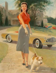 a painting of a woman walking her dog on a leash in front of a car