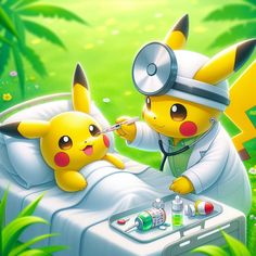 two pikachu doctors examining the chest of a patient