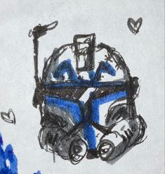 this is a drawing of a blue and black scooter on white paper with hearts around it