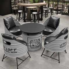 a group of chairs sitting around a table in a room with tables and stools