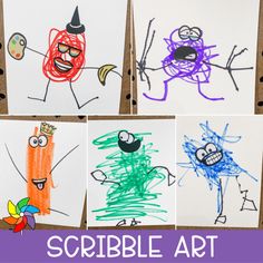 four pictures of children's drawings with the words scribble art