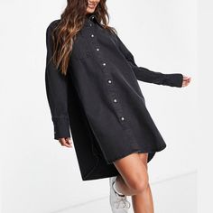 Spread Collar Button-Up Front Chest Pocket Oversized Fit Long Denim Shirt, Button Up Shirt Dress, Oversized Denim Shirt, Fringe Mini Dress, Oversized Shirt Dress, High Street Fashion, Seersucker Dress, Hot Pink Dresses, Mini Cami Dress