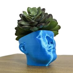 a blue vase with a succulent plant in it's head on a table