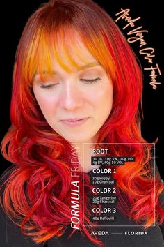 It's giving halloween! This candy corn inspired #avedavegancolor is created by the dynamic duo @danicalifornia108 & @tristanfoxhair from @wholeavedagroup! 🖤 🕸 AVEDA COLOR FORMULA 🕸 Roots: 30 IB, 10g 7N, 10g RO, 4g BV, 40g 10 VOL Color One: 30g POPPY, 10g CHARCOAL Color Two: 20g TANGERINE, 20g CHARCOAL Color Three: 40g DAFFODIL Vegan Hair, Halloween Vibes, Dynamic Duo, Charcoal Color, Candy Corn