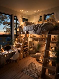 a bedroom with a loft bed and lights on the ceiling, along with bookshelves