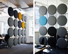 two pictures side by side, one with circles hanging from the ceiling and another with chairs