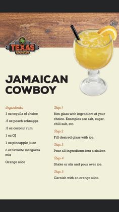 a menu with an orange drink in a glass on top of a wooden table next to a sign that says, jamaican cowboy