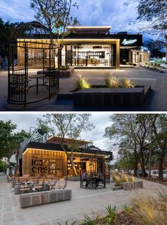 two pictures side by side showing the outside and inside of a restaurant