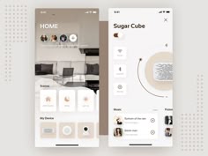 two screens showing the home screen and sugar cube app on one side, with an image of a living room in the background